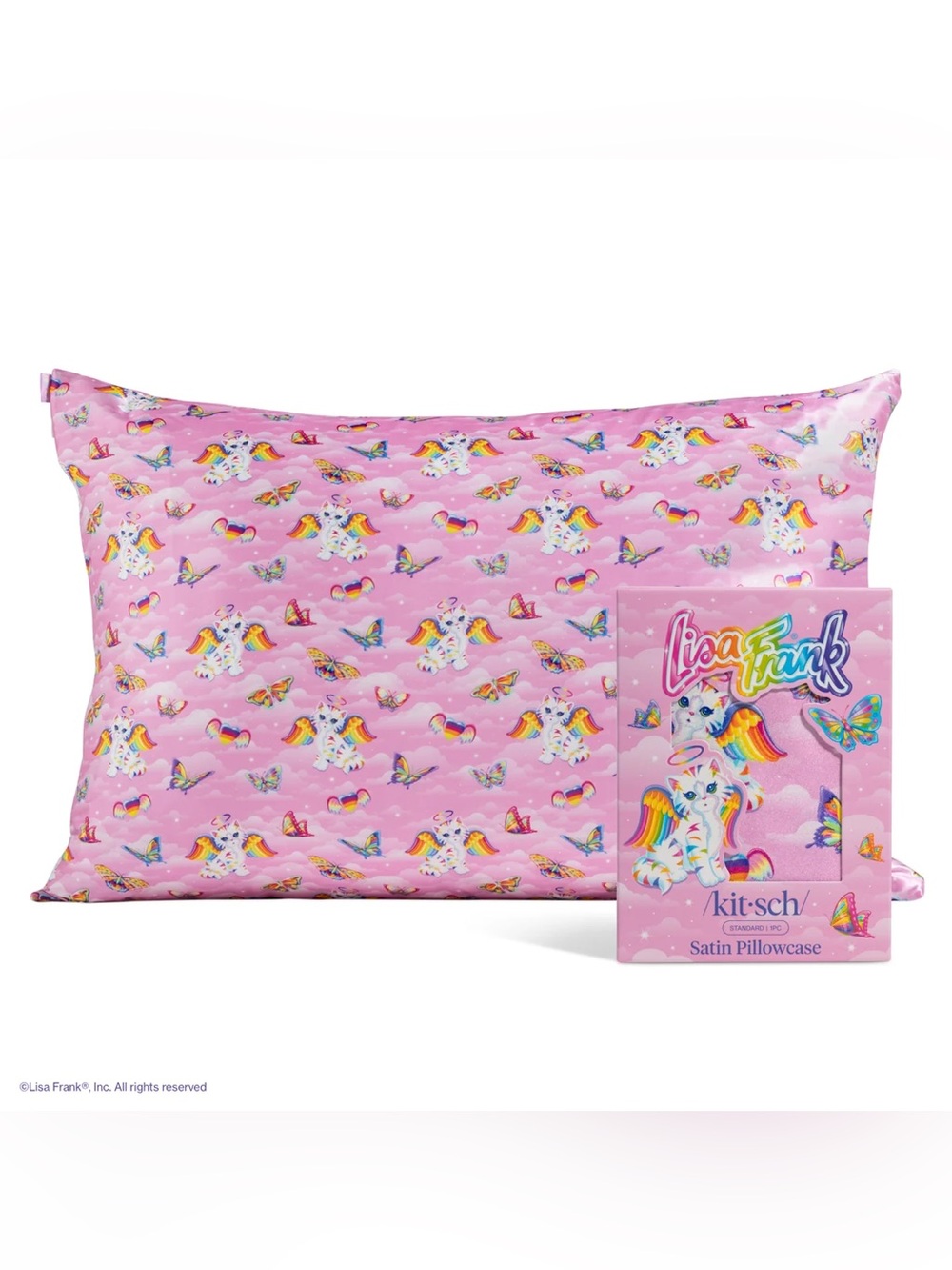 LISA FRANK X KITSCH SATIN PILLOWCASE IN ANGEL KITTY satin silk cat pink pillow